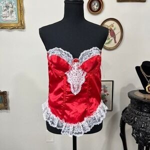 Vintage Minor Creations Red Satin & White Lace Bustier Camisole – Size M
